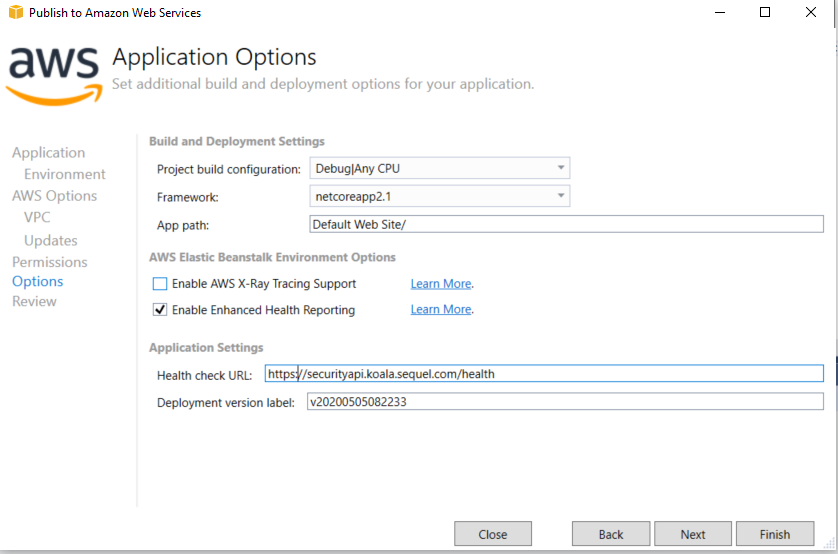 Publish to AWS Elastic Beanstalk - Settings