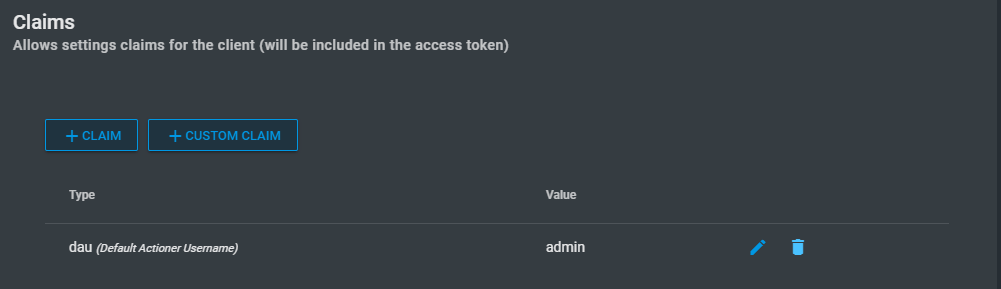 Client Claims section in Administration